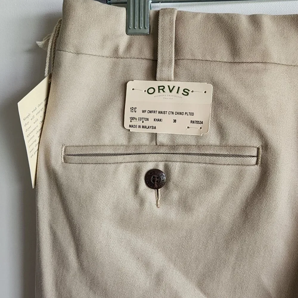 Orvis Khaki Chino Pleated Pants Mens 38 Wrinkle Free 100% Cotton
